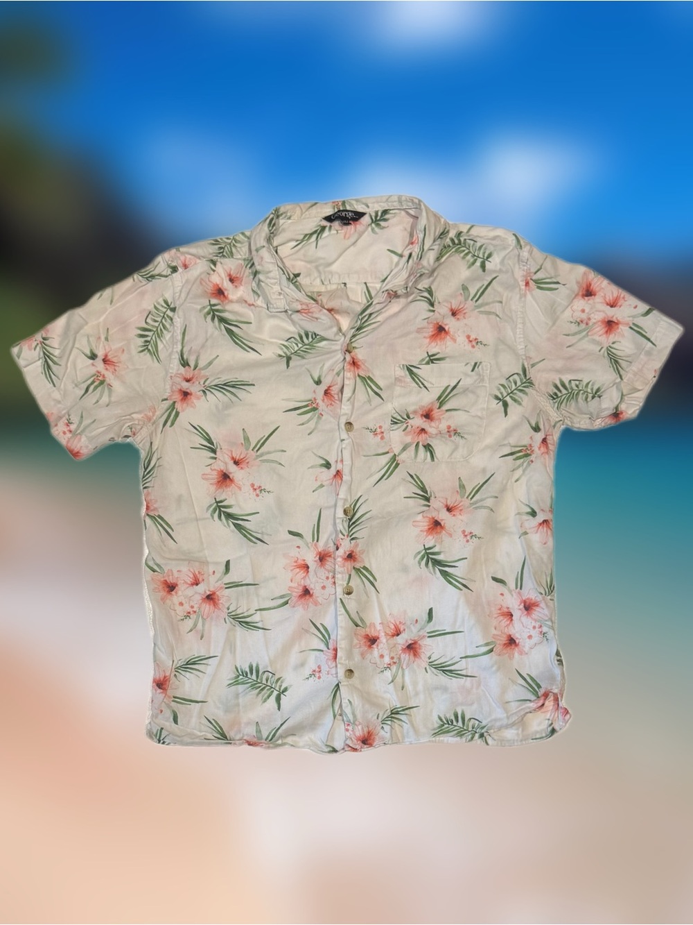 George Men’s Size Medium White Floral Hawaiian Tropical Button-Up Shirt